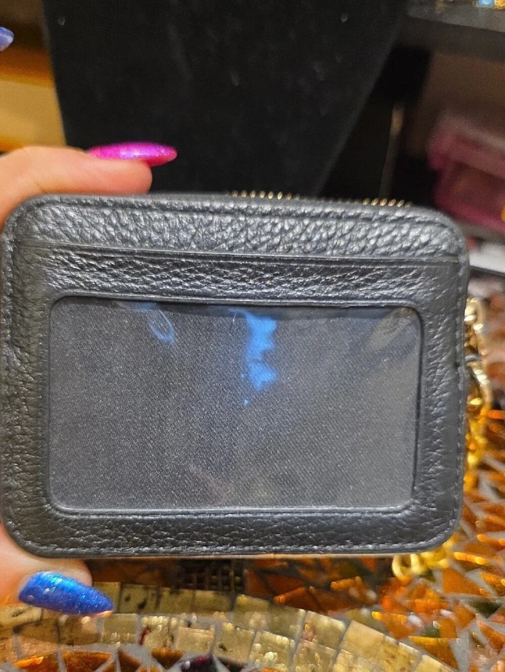 Coach Black Pebbled Leather Mini Wallet with Gold Chain